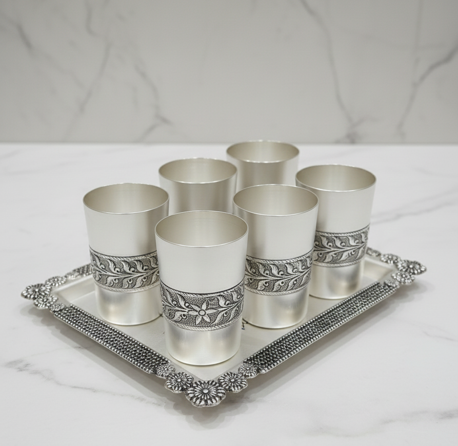 Aarambh Silver Glass & Tray Set
