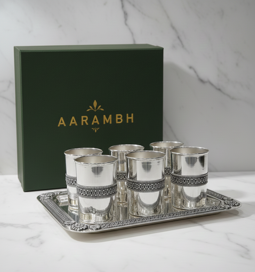 Aarambh Silver Glass & Tray Set