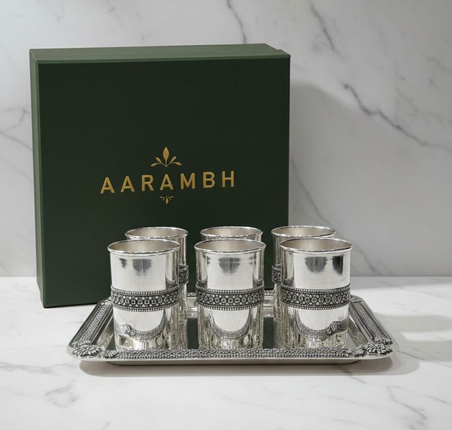 Aarambh Silver Glass & Tray Set